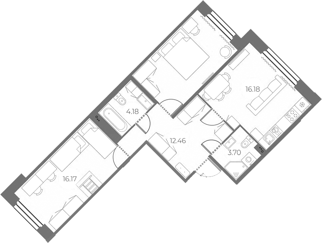 2-комнатная квартира 66.8 м², 2/13 эт., ЖК «Огни Залива»
